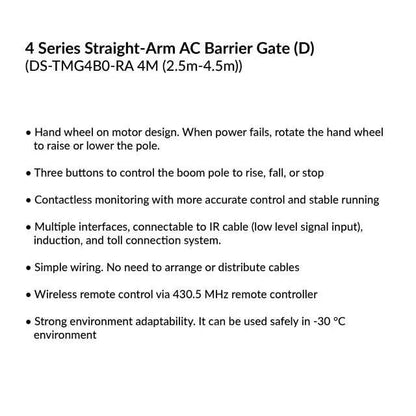 HIKVISION DS-TMG4B0-RA(4m) 4 Series Straight-Arm AC Barrier Gate, 4m